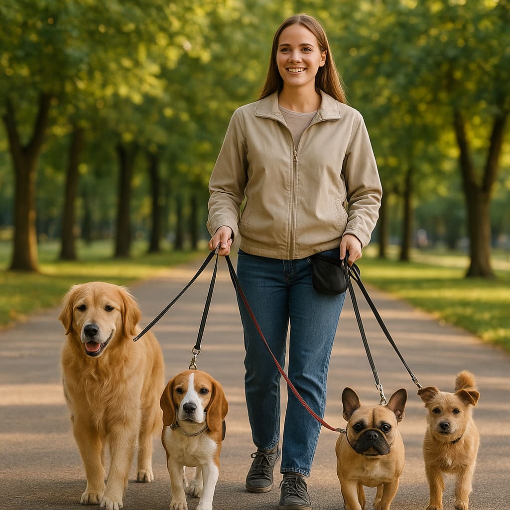 Gruppenspaziergang mit Hunden im Park